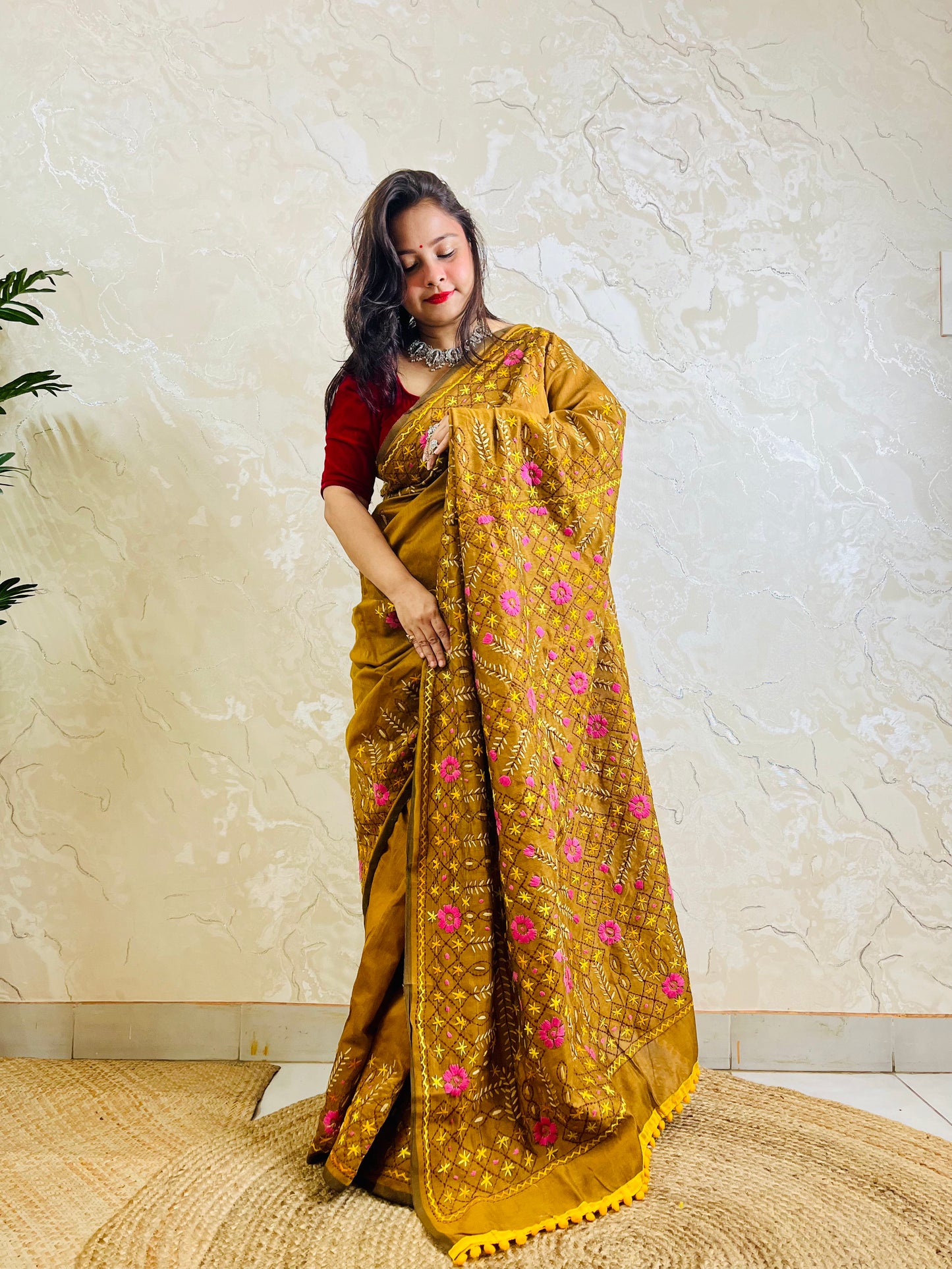 Heirloom-grade golden brown Parsi Gara all-over Jali handwork Chanderi silk cotton saree with full body embroidery — standing front view, Desi Aadat
