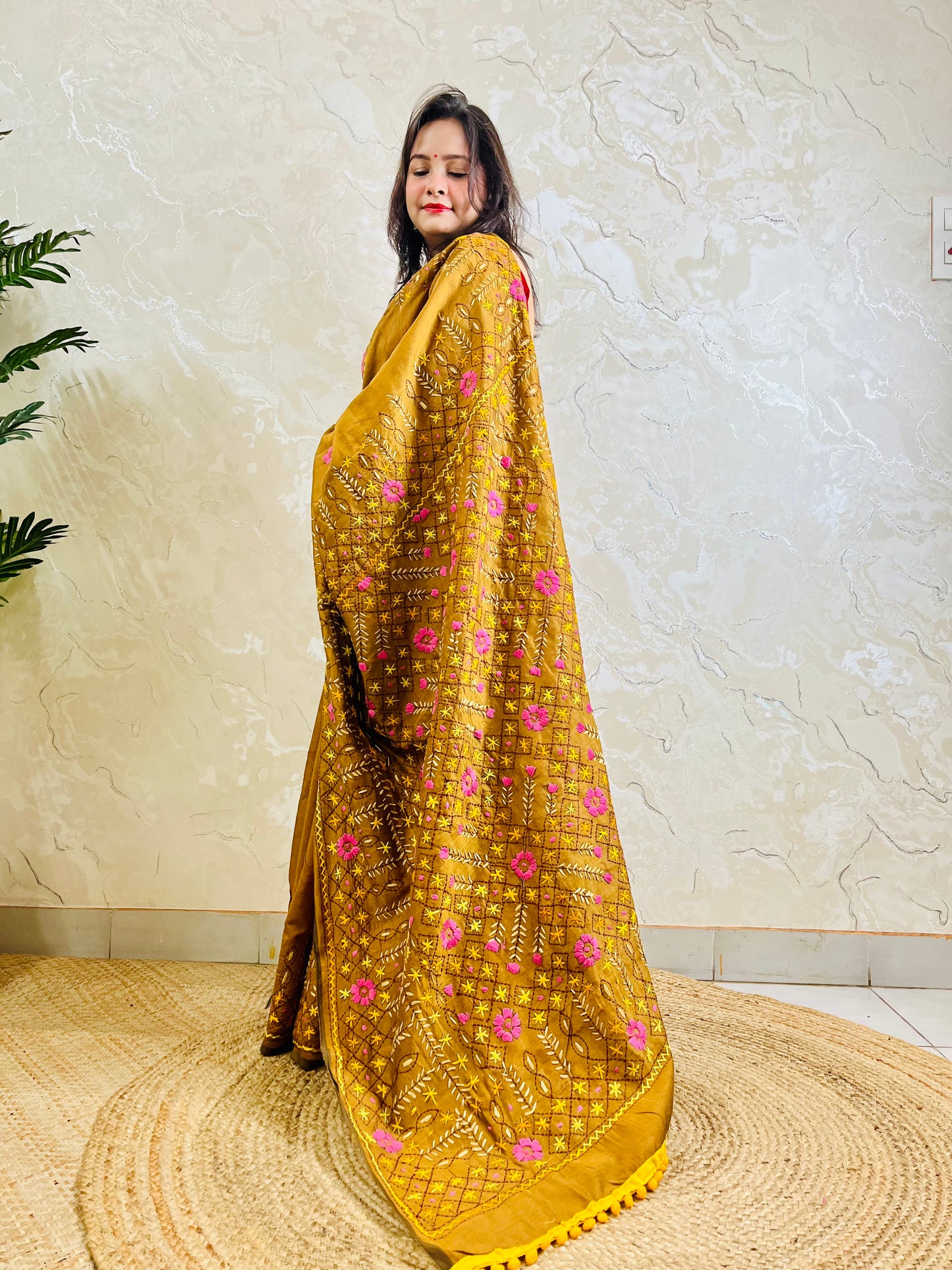 Heirloom-grade golden brown Parsi Gara all-over Jali handwork Chanderi silk cotton saree with full body embroidery — standing front view, Desi Aadat