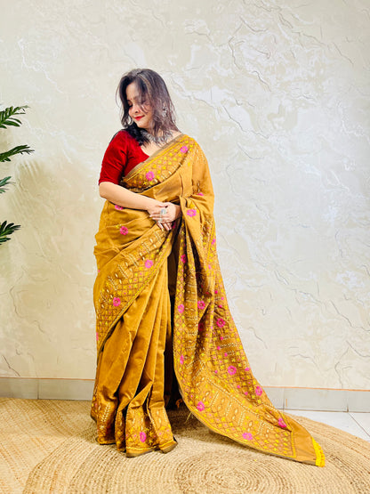 Heirloom-grade golden brown Parsi Gara all-over Jali handwork Chanderi silk cotton saree with full body embroidery — standing front view, Desi Aadat