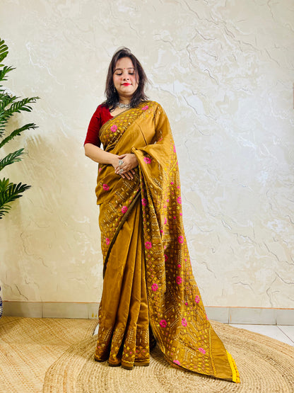 Heirloom-grade golden brown Parsi Gara all-over Jali handwork Chanderi silk cotton saree with full body embroidery — standing front view, Desi Aadat