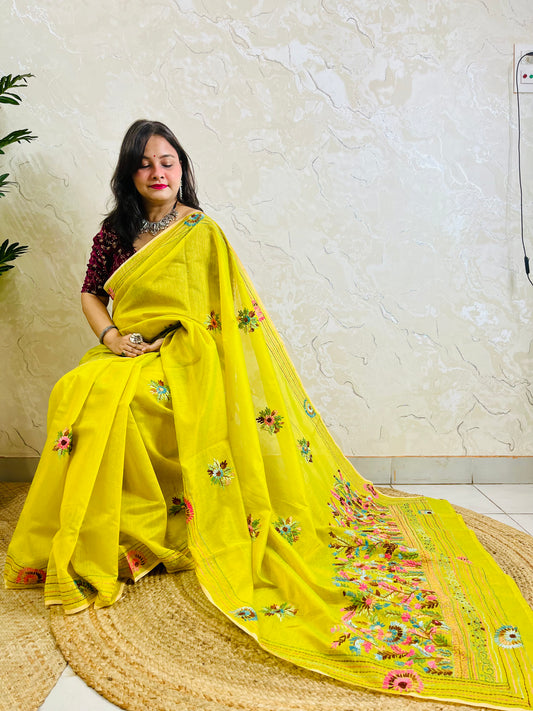 Detail of Parsi Gara satin stitch garden bouquet and chrysanthemum floral hand embroidery on lemon yellow Chanderi silk cotton saree — Desi Aadat