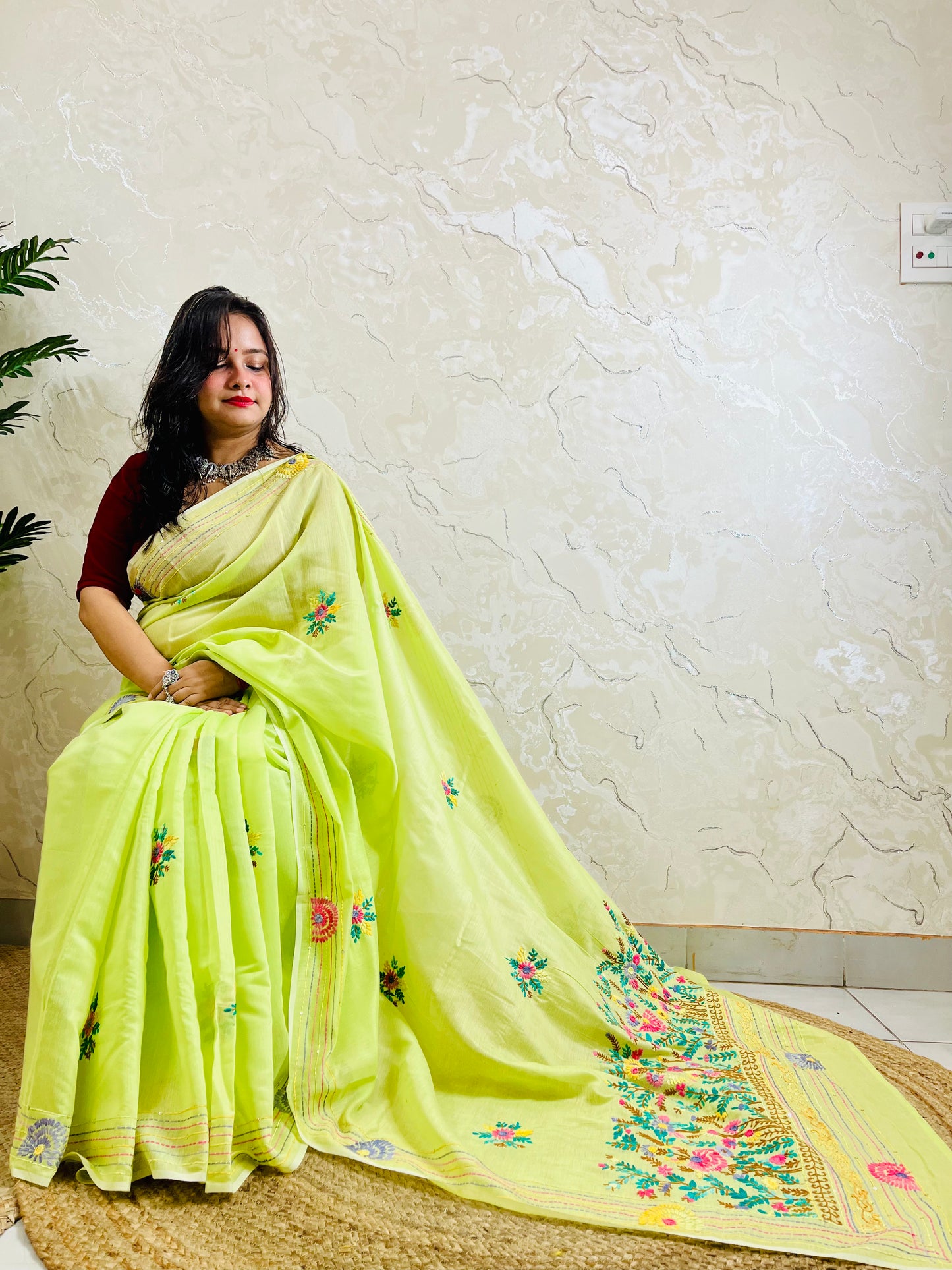 Parsi Gara handmade pastel lime Chanderi silk cotton saree with Persian heritage floral and medallion embroidery — front sitting view, Desi Aadat