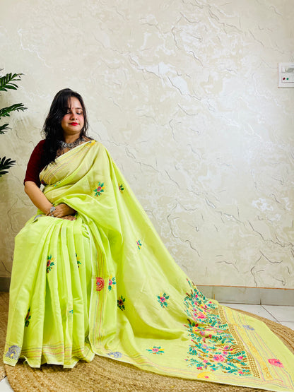 Parsi Gara handmade pastel lime Chanderi silk cotton saree with Persian heritage floral and medallion embroidery — front sitting view, Desi Aadat