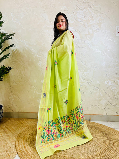 Pastel lime Parsi Gara handwork Chanderi silk cotton saree with dense multicolour floral border — standing front view, Desi Aadat