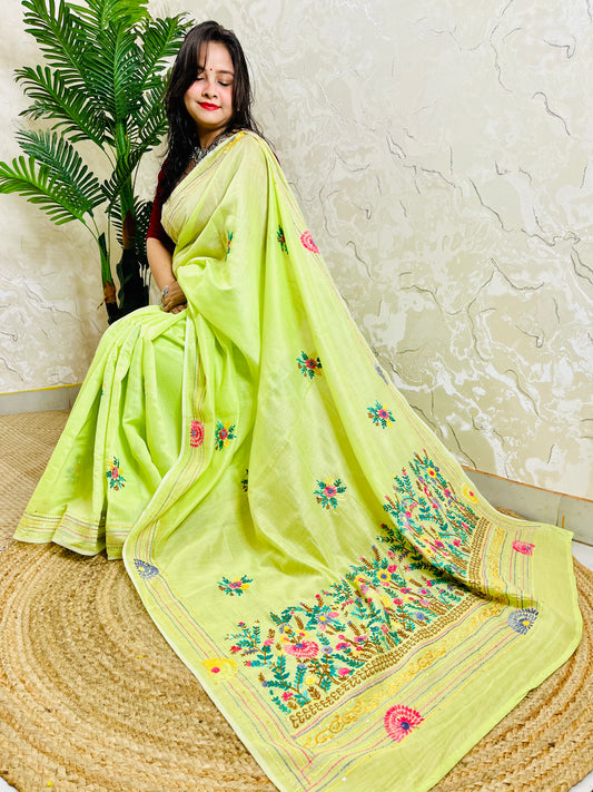 Parsi Gara handmade pastel lime Chanderi silk cotton saree with Persian heritage floral and medallion embroidery — front sitting view, Desi Aadat