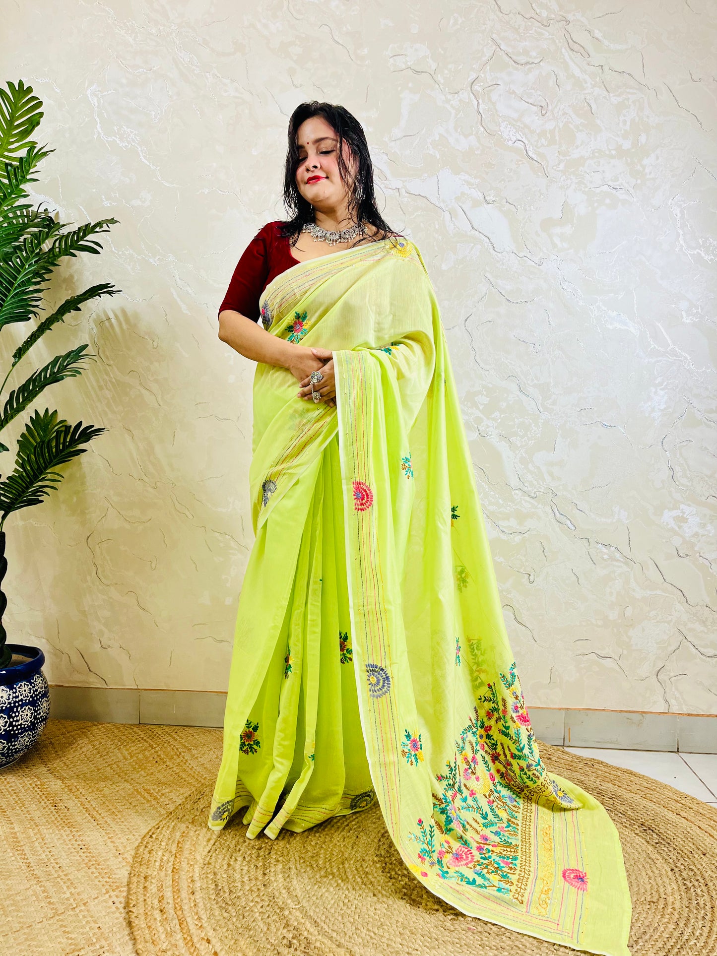 Pastel lime Parsi Gara handwork Chanderi silk cotton saree with dense multicolour floral border — standing front view, Desi Aadat