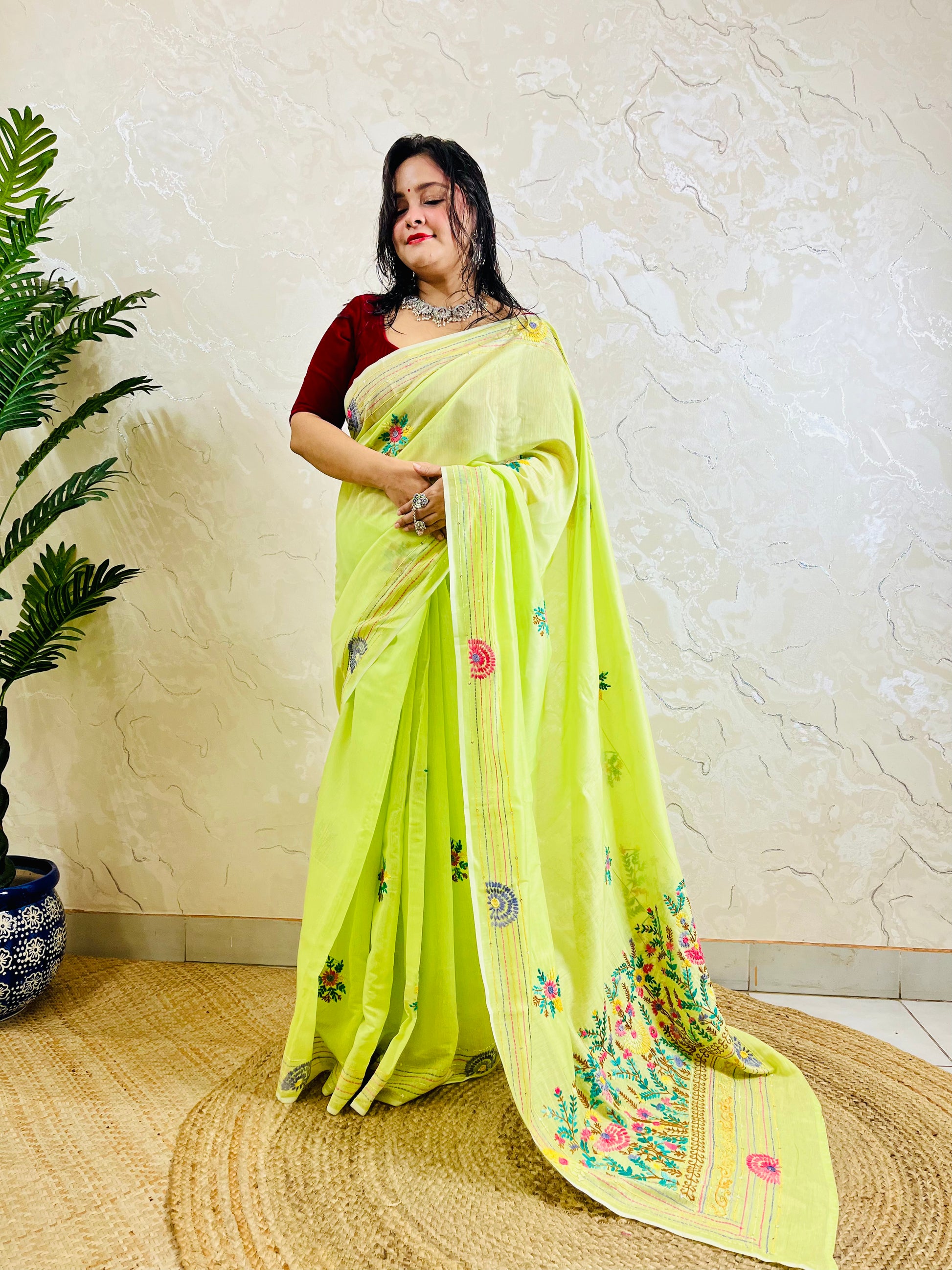 Pastel lime Parsi Gara handwork Chanderi silk cotton saree with dense multicolour floral border — standing front view, Desi Aadat