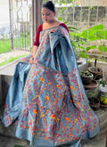 Parsi Gara Saree in Grey – hand-embroidered Semi Tussar Silk