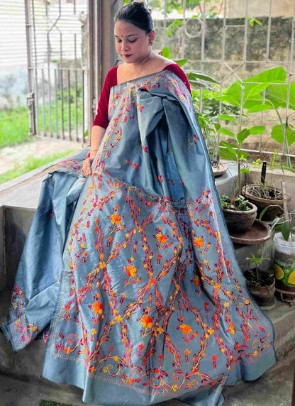 Parsi Gara Saree in Grey – hand-embroidered Semi Tussar Silk