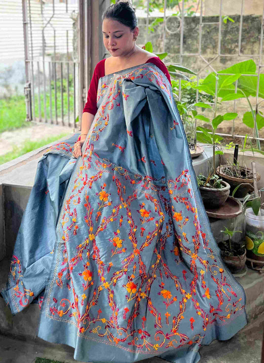 Parsi Gara Saree in Grey – hand-embroidered Semi Tussar Silk