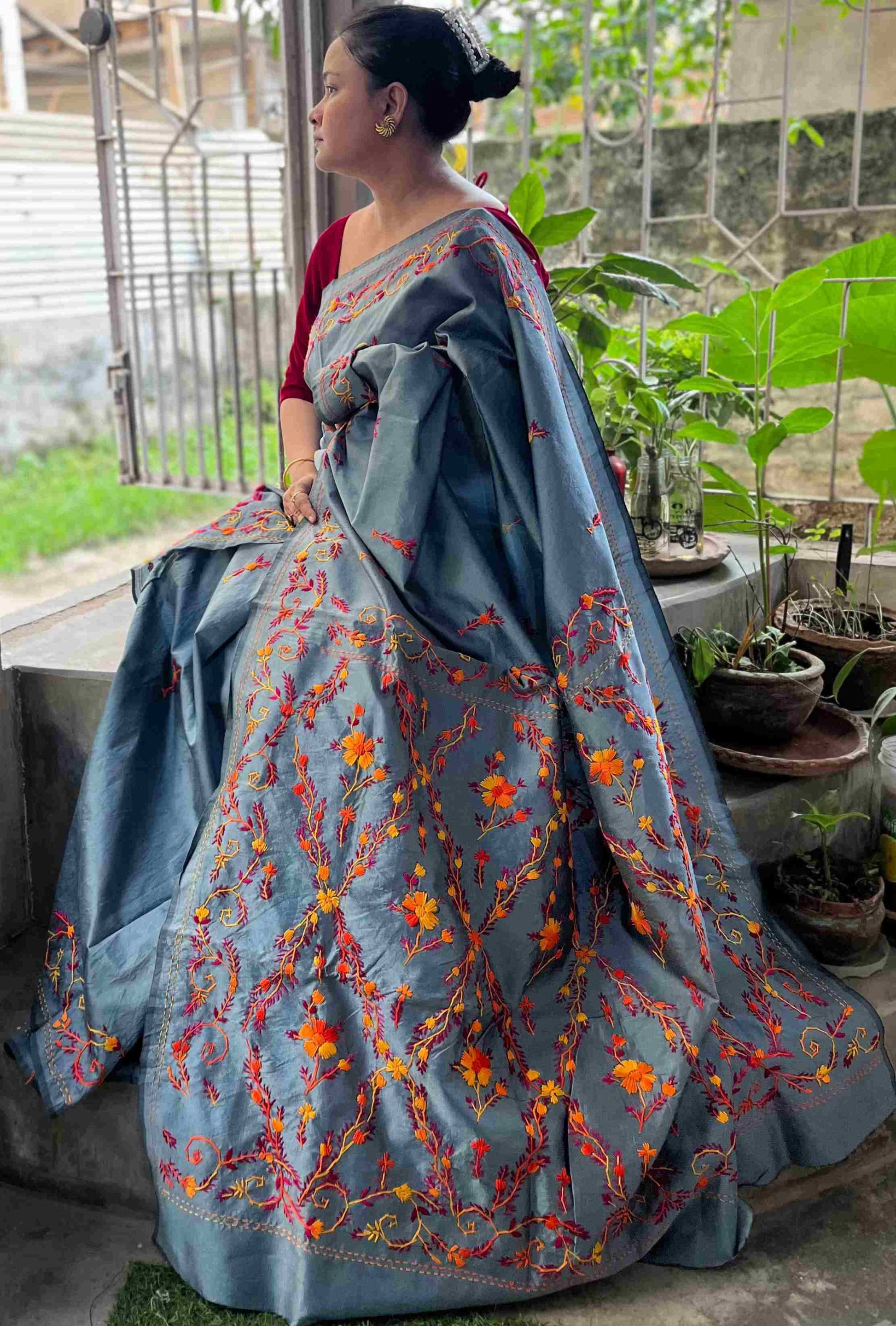 Hand embroidery for saree with intricate traditional Parsi Gara motifs