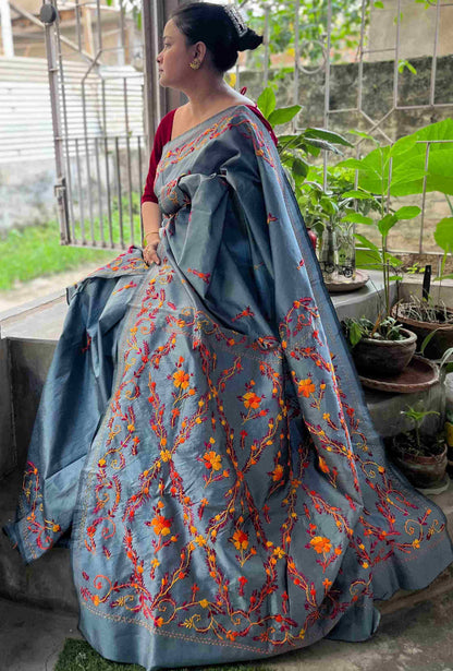 Hand embroidery for saree with intricate traditional Parsi Gara motifs