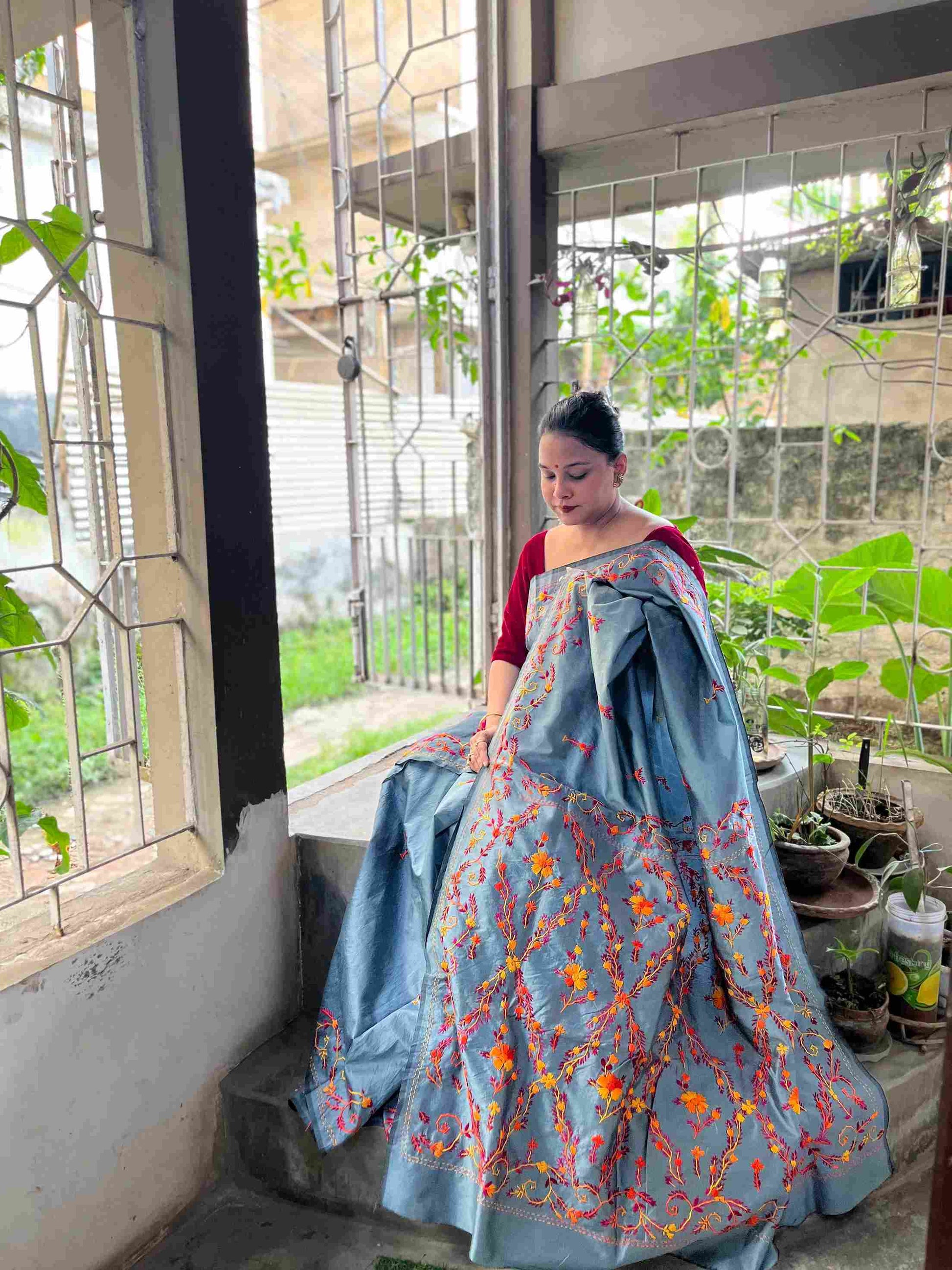 Parsi Gara Saree in Grey – hand-embroidered Semi Tussar Silk