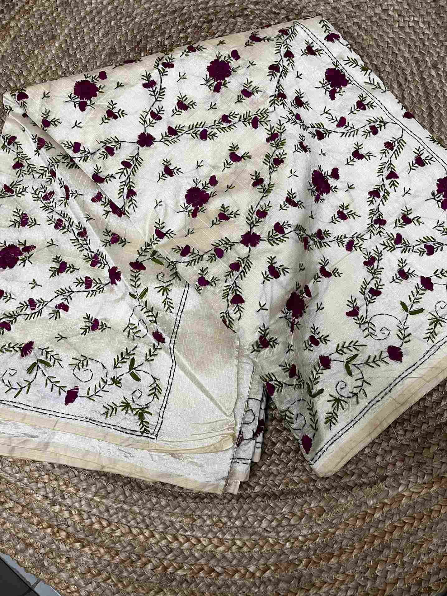 Hand embroidery for saree – delicate floral patterns on Semi Tussar Silk Saree