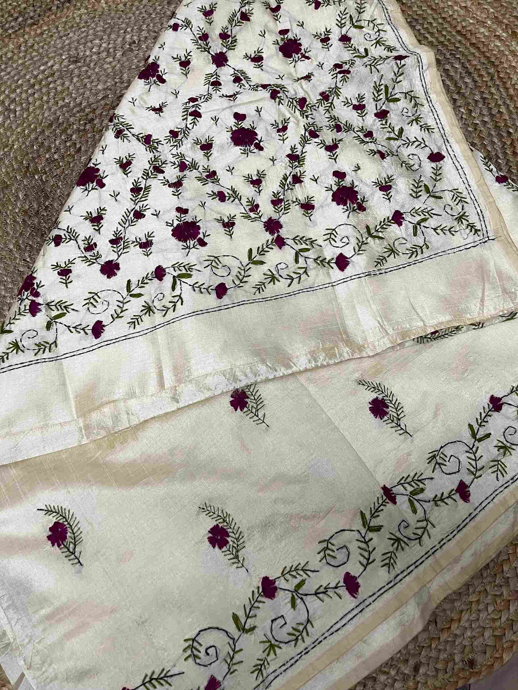 Traditional saree look – Off White Parsi Gara Saree draped elegantly
