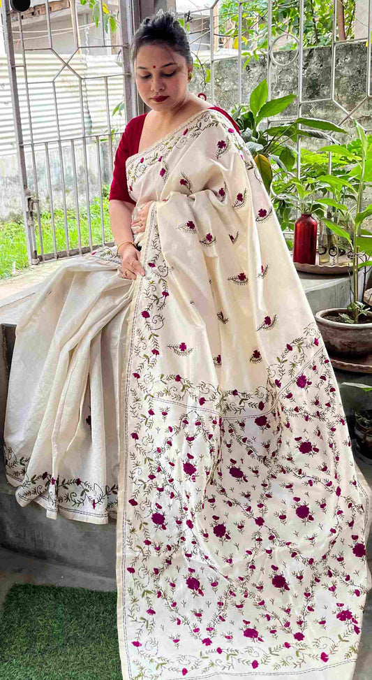Parsi Gara Saree in Off White – hand-embroidered Semi Tussar Silk