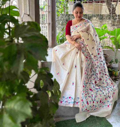 Hand embroidery for saree – delicate floral patterns on Semi Tussar Silk Saree