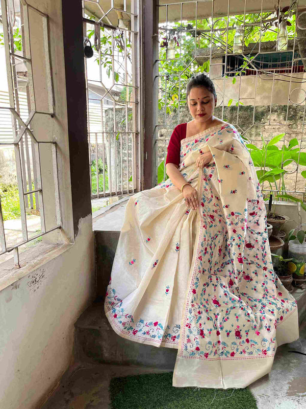 Parsi Gara Saree in Off White – hand-embroidered Semi Tussar Silk