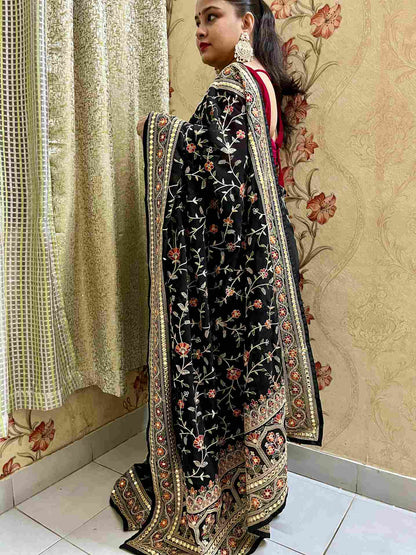 Black Pashmina Work Georgette Saree with handwoven embroidery by Desi Aadat