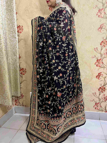 Black Pashmina Work Georgette Saree with handwoven embroidery by Desi Aadat