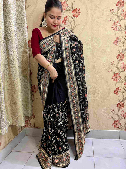 Black Pashmina Work Georgette Saree with handwoven embroidery by Desi Aadat