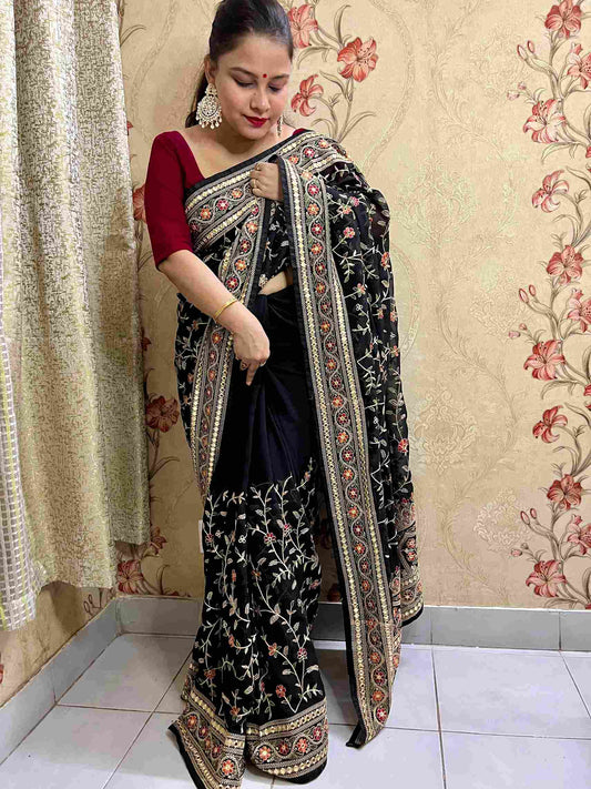 Black Pashmina Work Georgette Saree with handwoven embroidery by Desi Aadat