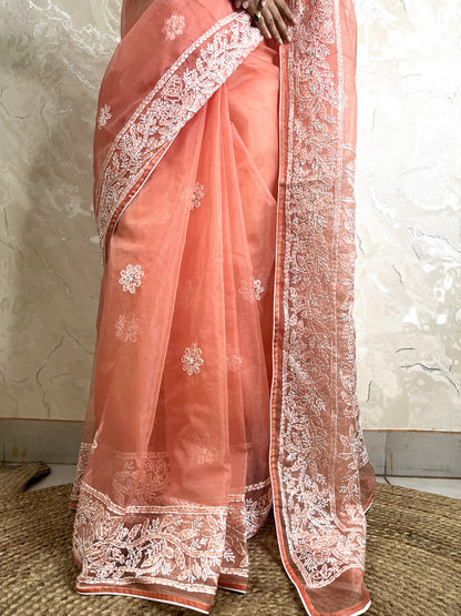Close-up of tone-on-tone Lucknowi Chikankari jaal, leaf, and vine hand embroidery on pastel coral peach pure organza silk saree — Desi Aadat