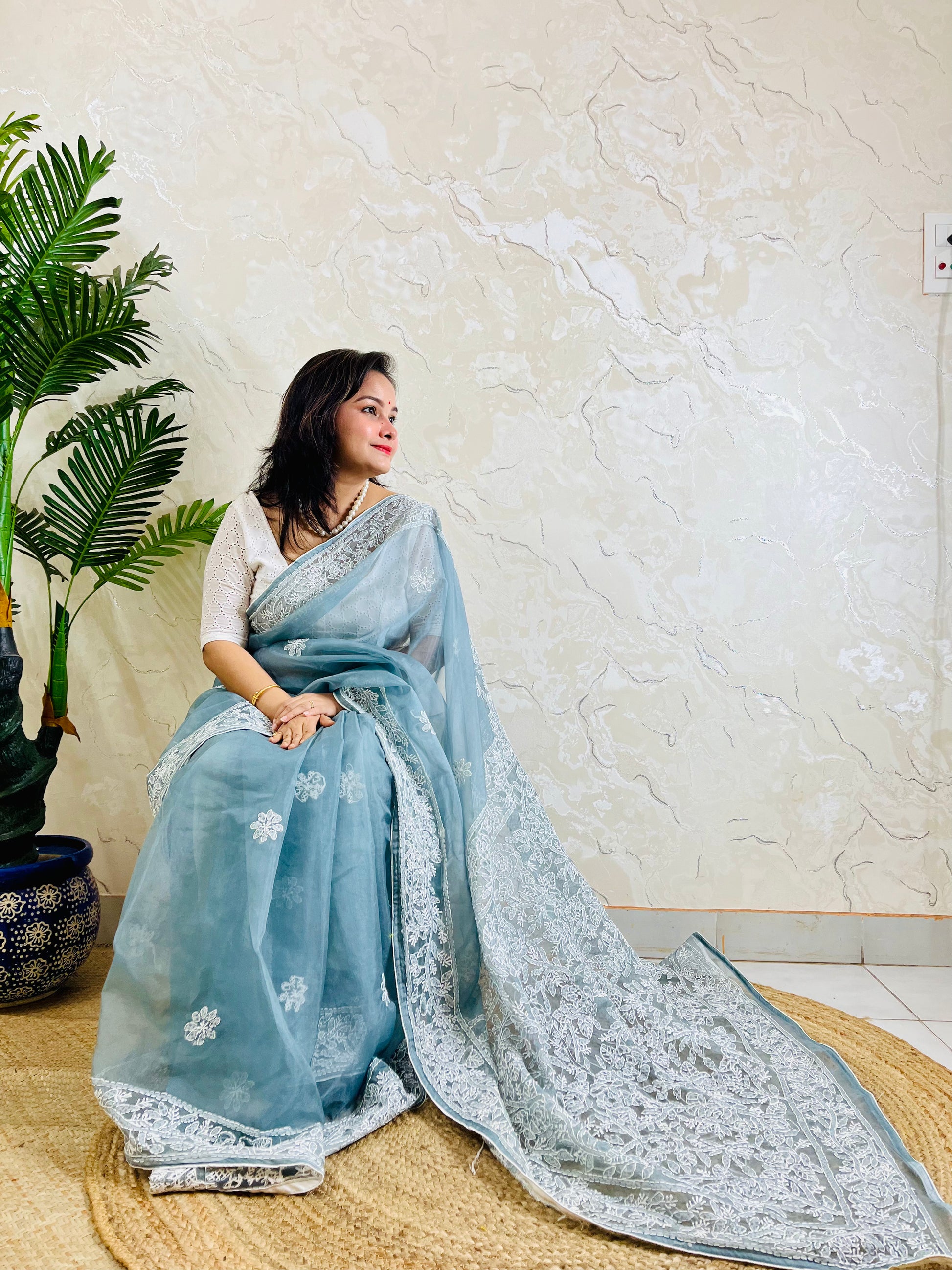 Handmade Lucknowi Chikankari pastel dusty blue pure organza silk saree with dense white jaal and floral embroidery — sitting drape view, Desi Aadat