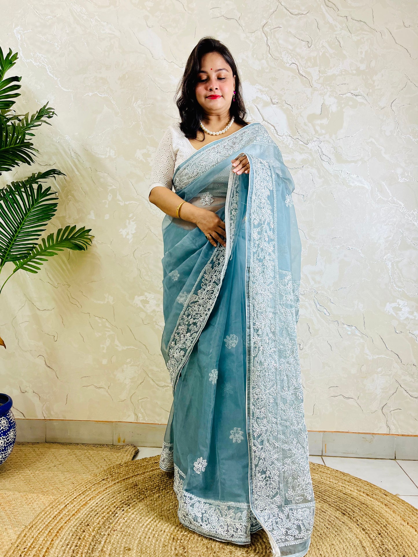 Pastel dusty blue Chikankari handstitched organza silk saree with structured white jaal embroidery — standing front view, Desi Aadat