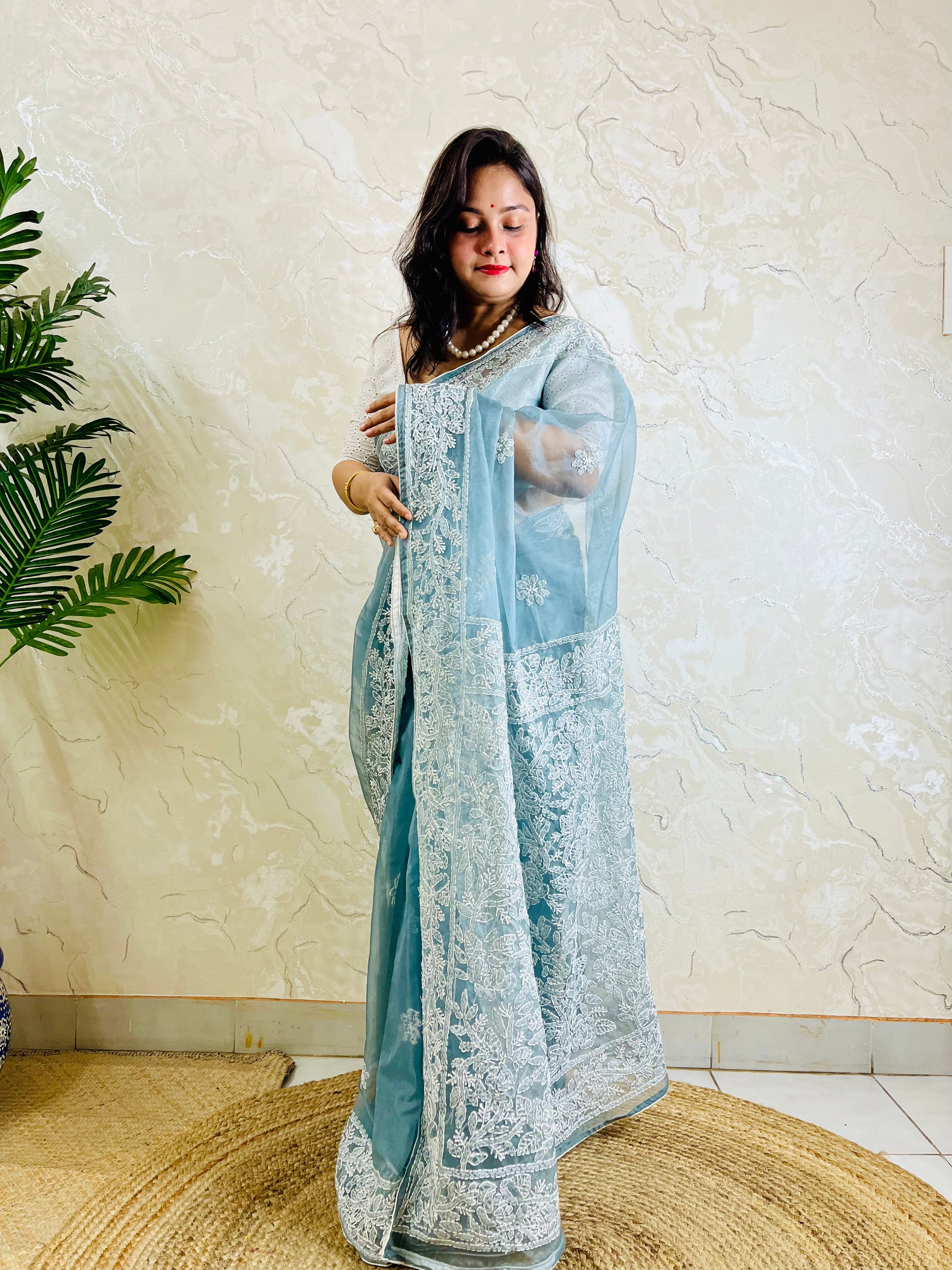 Pastel dusty blue Chikankari handstitched organza silk saree with structured white jaal embroidery — standing front view, Desi Aadat