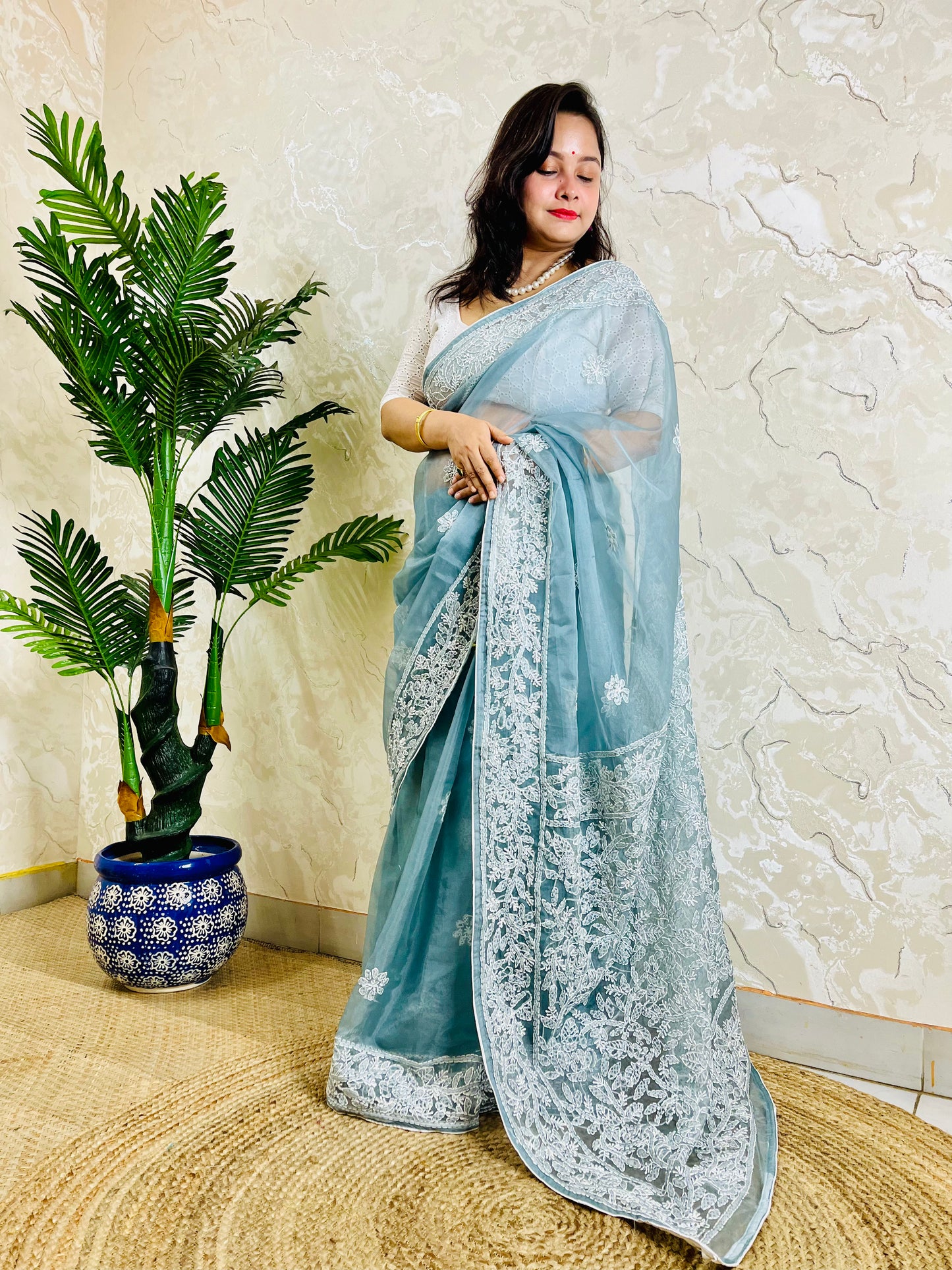 Pastel dusty blue Chikankari handstitched organza silk saree with structured white jaal embroidery — standing front view, Desi Aadat