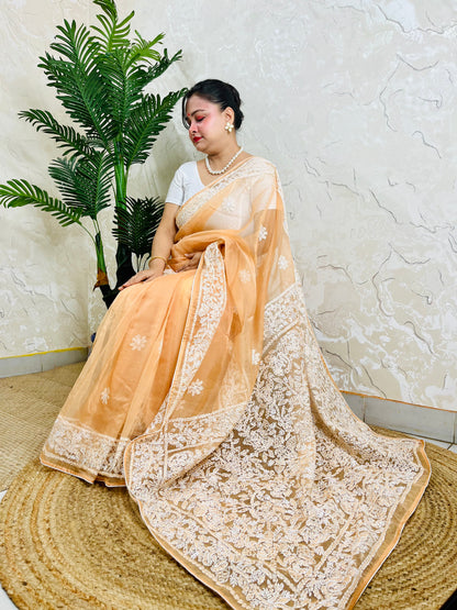 Handmade Lucknowi Chikankari pastel peach orange pure organza silk saree with dense white jaal embroidery — sitting drape view, Desi Aadat