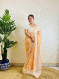 Pastel peach orange Chikankari handstitched organza silk saree with full white jaal and floral embroidery — side standing view, Desi Aadat