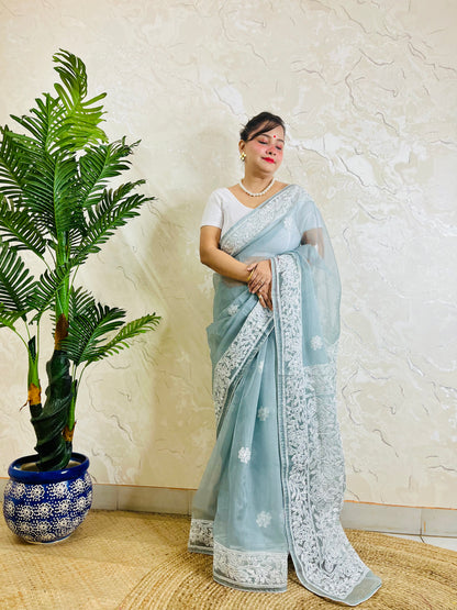 Pastel powder blue Chikankari handstitched organza silk saree with full white jaal embroidery displayed on standing model — pallu view, Desi Aadat
