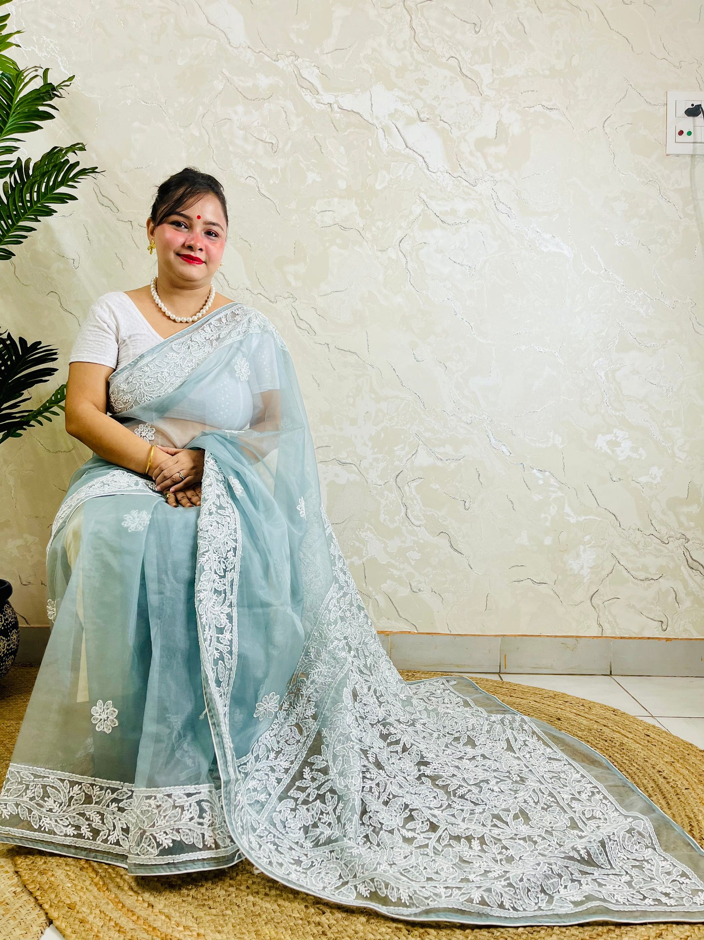 Handmade Lucknowi Chikankari pastel powder blue pure organza silk saree with dense white jaal and floral embroidery — sitting drape view, Desi Aadat