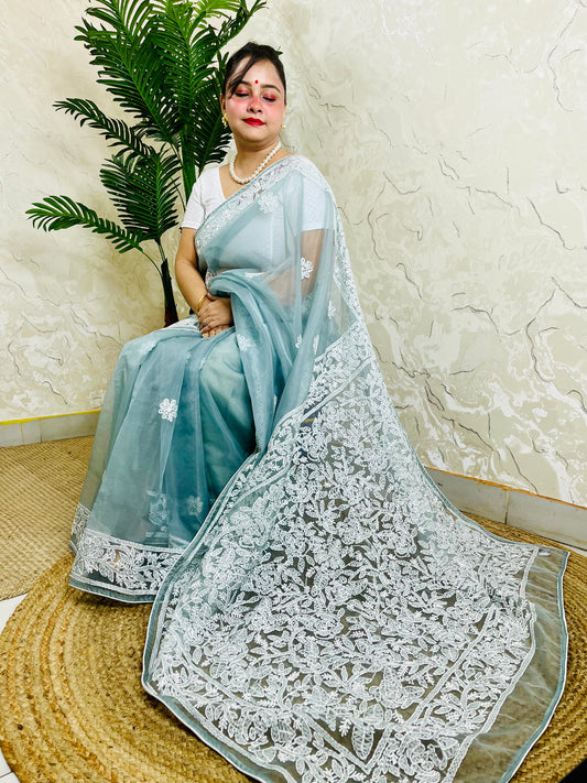 Handmade Lucknowi Chikankari pastel powder blue pure organza silk saree with dense white jaal and floral embroidery — sitting drape view, Desi Aadat