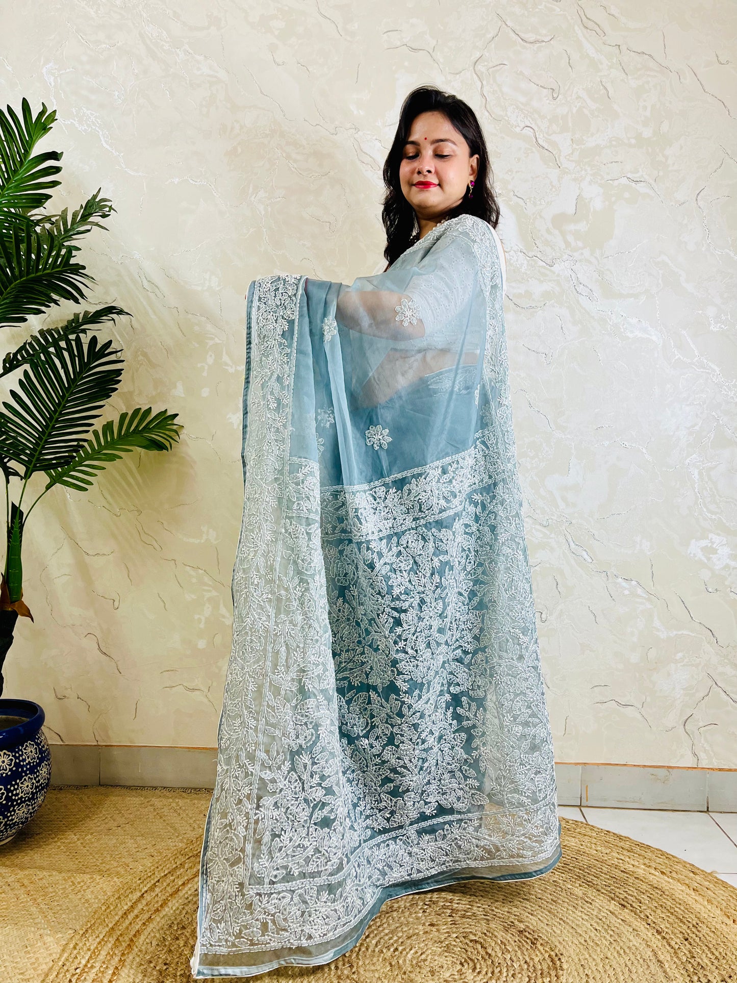 Pastel powder blue Chikankari handstitched organza silk saree with full white jaal embroidery displayed on standing model — pallu view, Desi Aadat