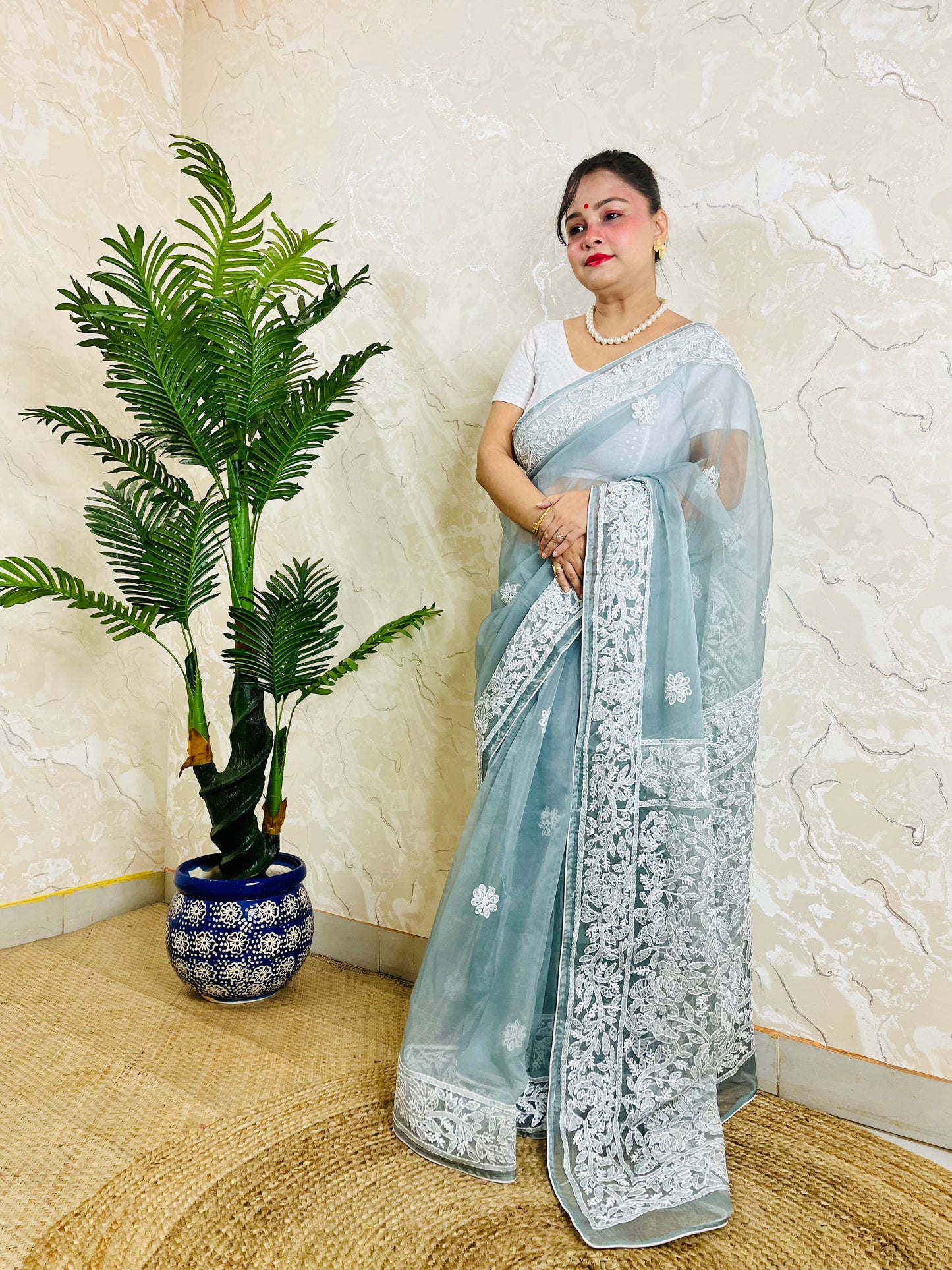 Pastel powder blue Chikankari handstitched organza silk saree with full white jaal embroidery displayed on standing model — pallu view, Desi Aadat