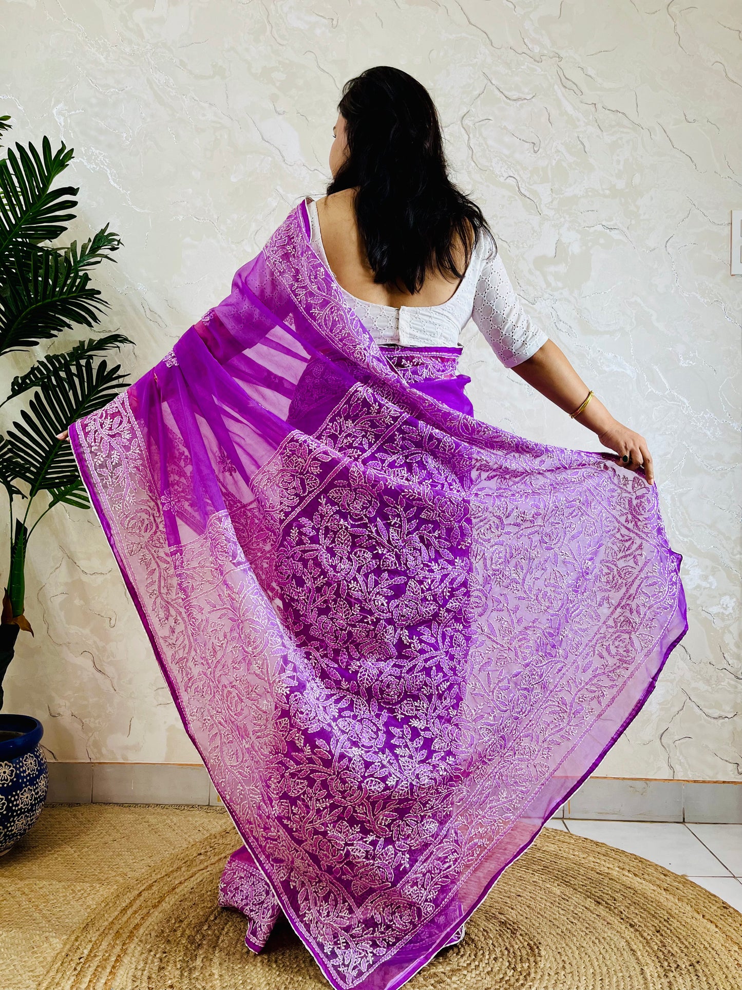 Lucknowi Chikankari handstitched pastel purple organza silk saree with tone-on-tone floral embroidery — standing left view, Desi Aadat