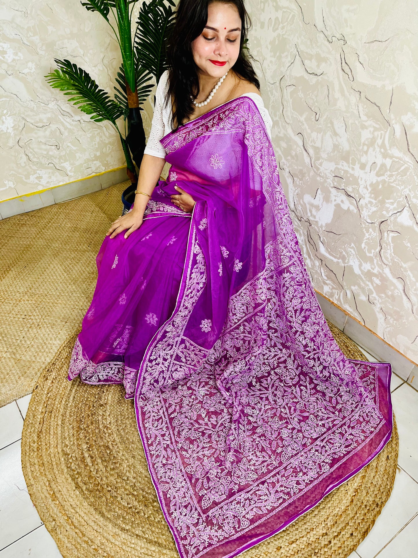 Handmade Chikankari pastel purple pure organza silk saree with dense white jaal embroidery — top sitting drape view, Desi Aadat