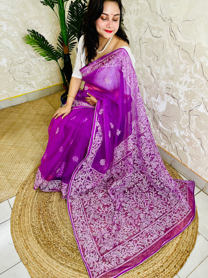 Handmade Chikankari pastel purple pure organza silk saree with dense white jaal embroidery — top sitting drape view, Desi Aadat