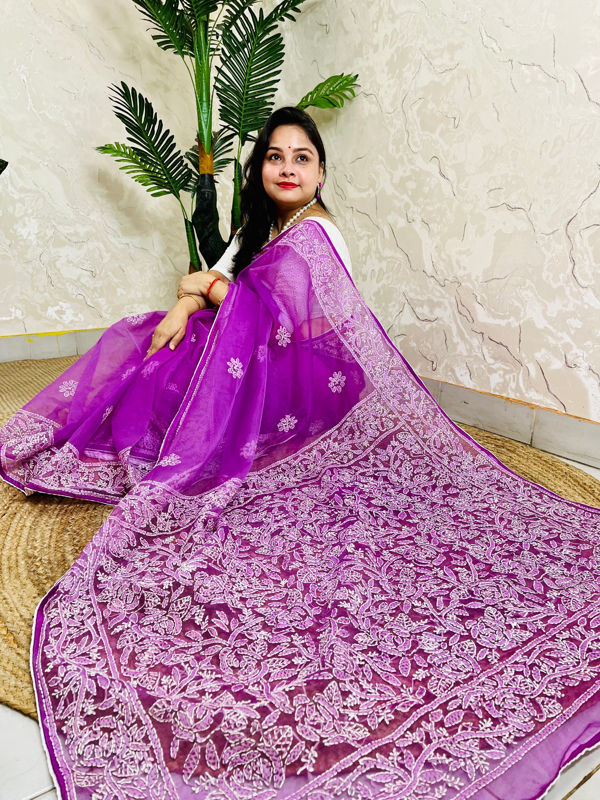 Handmade Chikankari pastel purple pure organza silk saree with dense white jaal embroidery — top sitting drape view, Desi Aadat