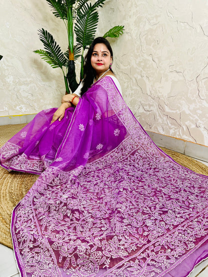 Handmade Chikankari pastel purple pure organza silk saree with dense white jaal embroidery — top sitting drape view, Desi Aadat
