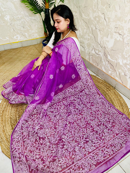 Handmade Chikankari pastel purple pure organza silk saree with dense white jaal embroidery — top sitting drape view, Desi Aadat