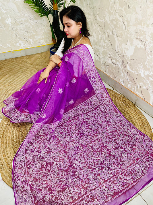 Handmade Chikankari pastel purple pure organza silk saree with dense white jaal embroidery — top sitting drape view, Desi Aadat