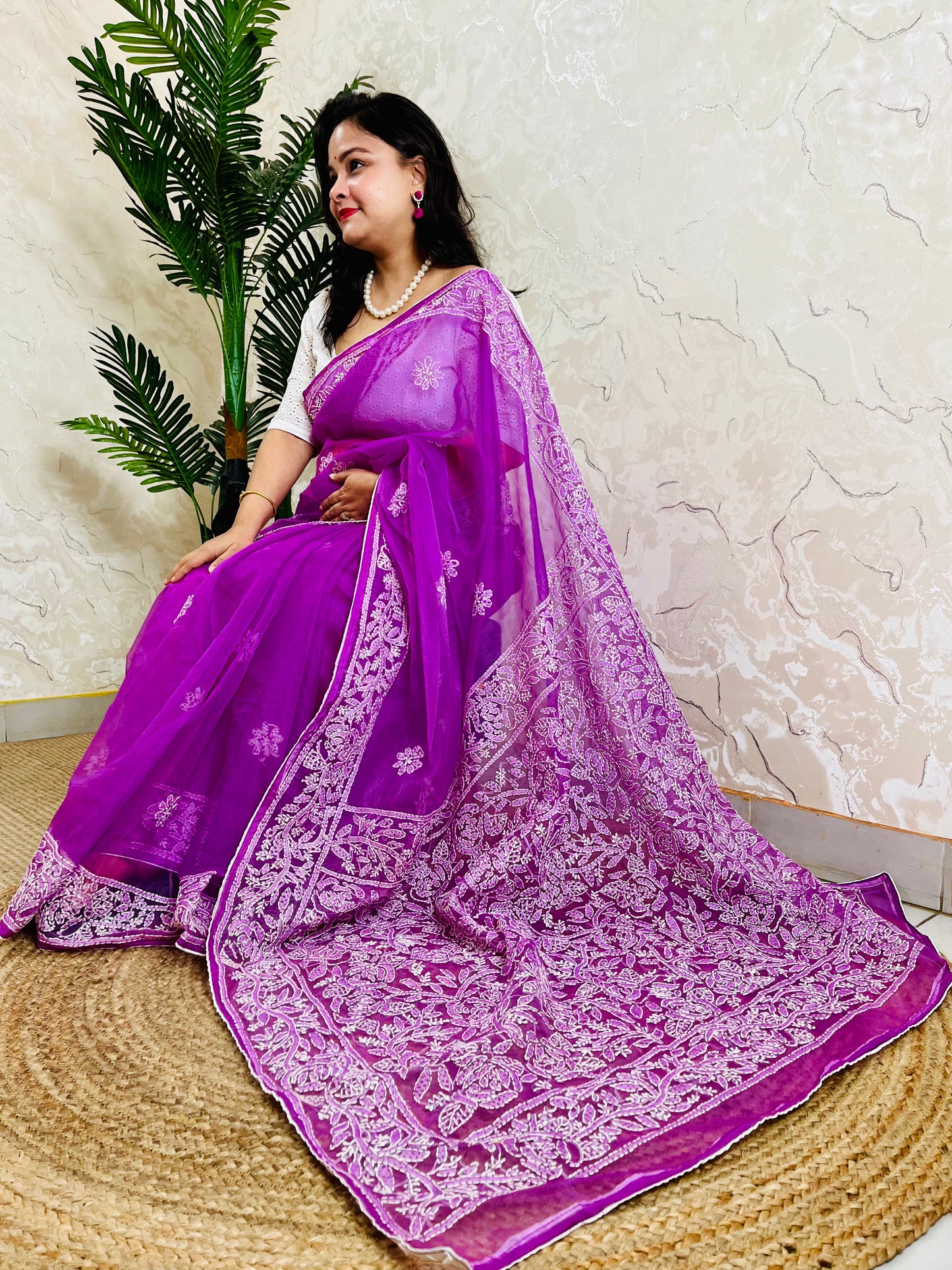 Handmade Chikankari pastel purple pure organza silk saree with dense white jaal embroidery — top sitting drape view, Desi Aadat