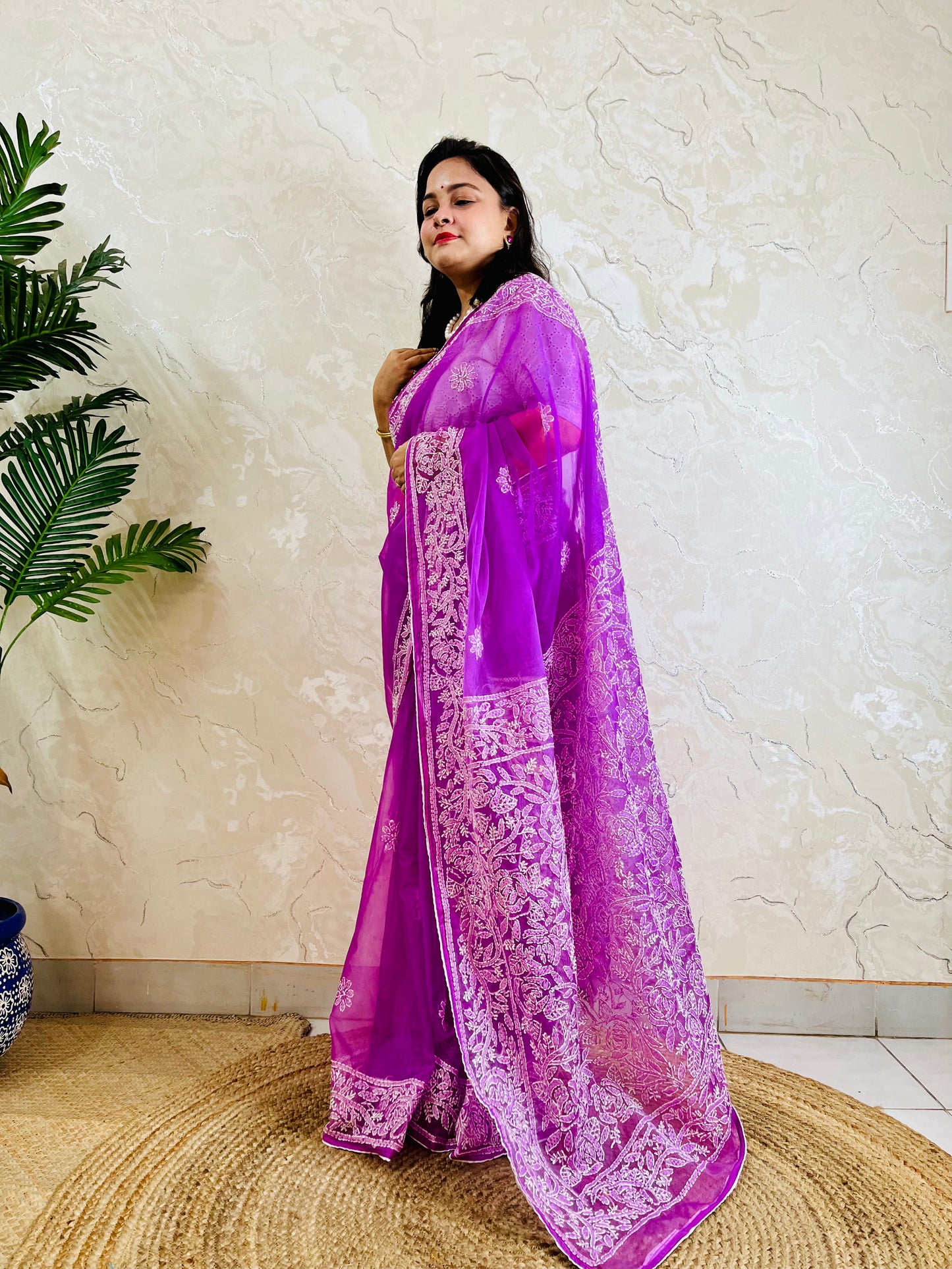 Lucknowi Chikankari handstitched pastel purple organza silk saree with tone-on-tone floral embroidery — standing left view, Desi Aadat