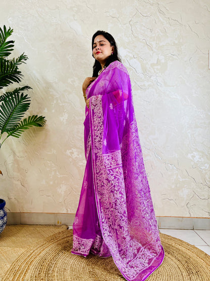 Lucknowi Chikankari handstitched pastel purple organza silk saree with tone-on-tone floral embroidery — standing left view, Desi Aadat
