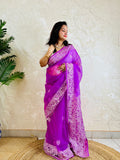 Lucknowi Chikankari handstitched pastel purple organza silk saree with tone-on-tone floral embroidery — standing left view, Desi Aadat