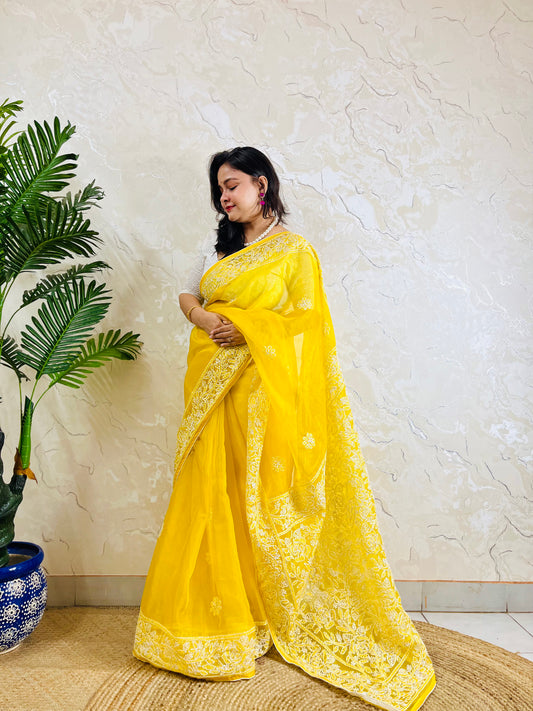 Handmade Lucknowi Chikankari pastel yellow organza silk saree with full jaal embroidery — front standing view, Desi Aadat